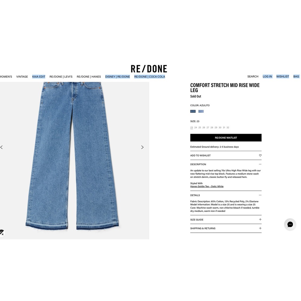 NWT 70s Ultra High Rise Wide Leg RE/DONE 26 Light Wash Flare Released Hem Denim